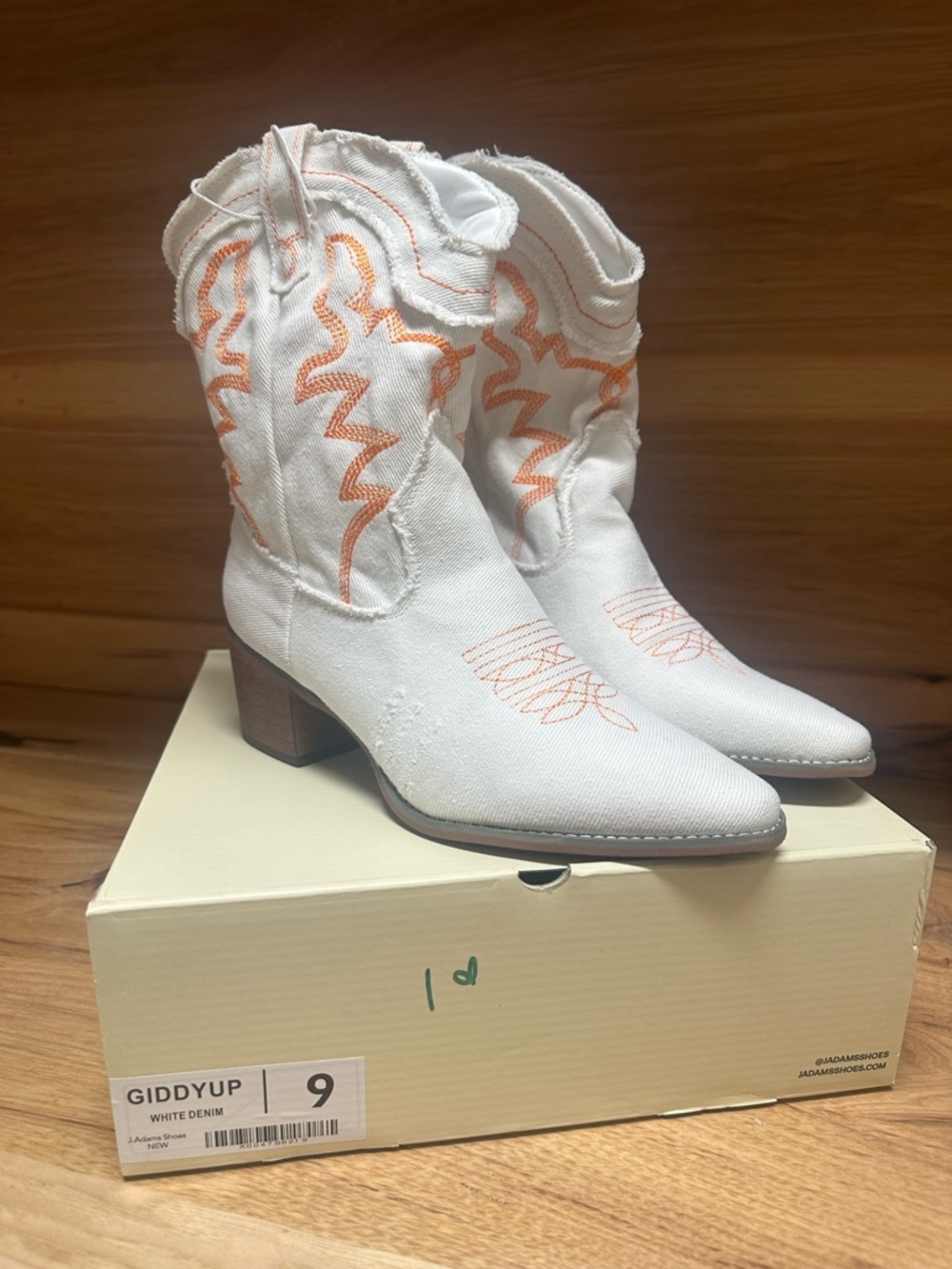 J. Adams Giddyup Mid-Calf White Denim & Orange Distressed Embroidered Boots NWT - Picture 7 of 7
